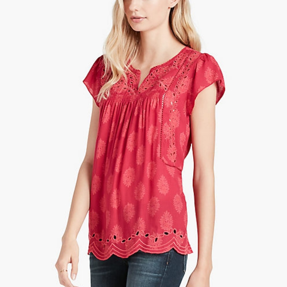 Lucky Brand Pink Eyelet Scallop Top